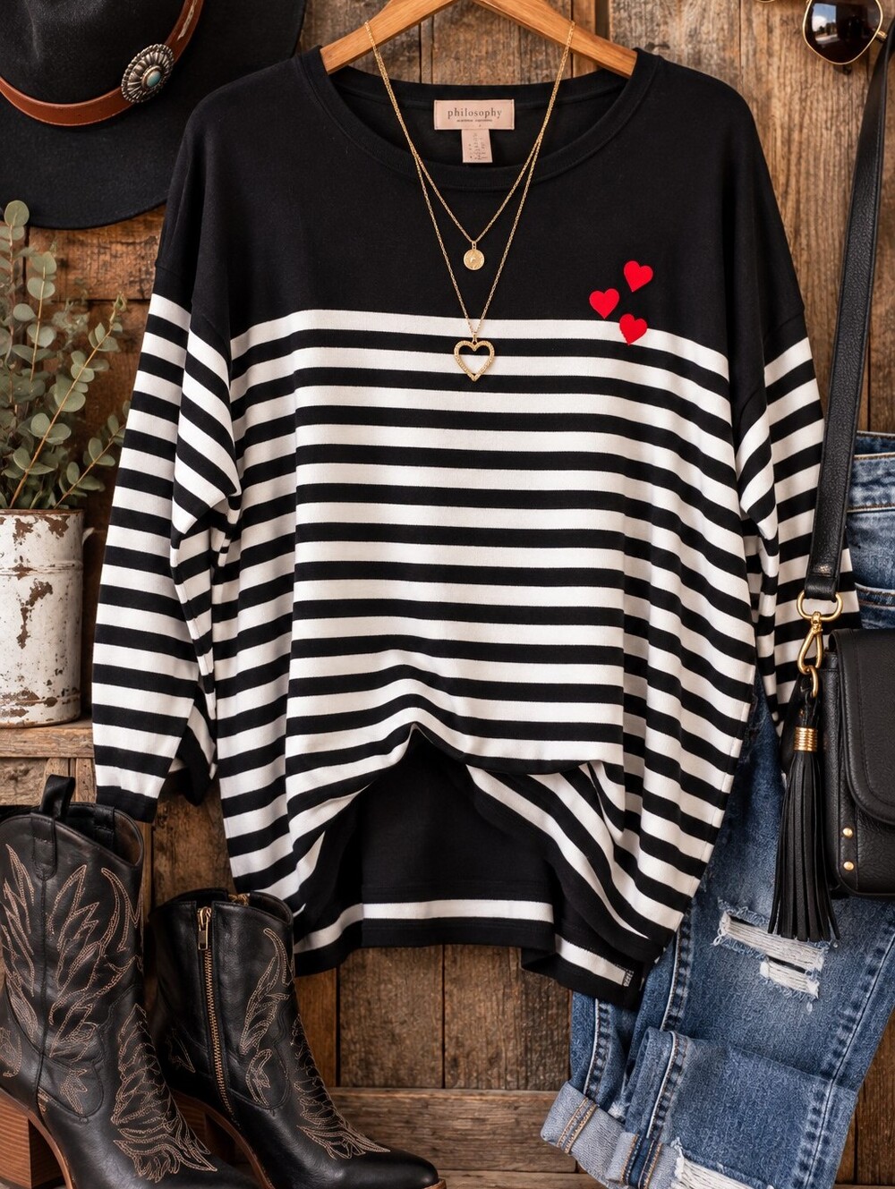 Philosophy Woman 1X Black White Stripe Red Heart Sweater NWT
